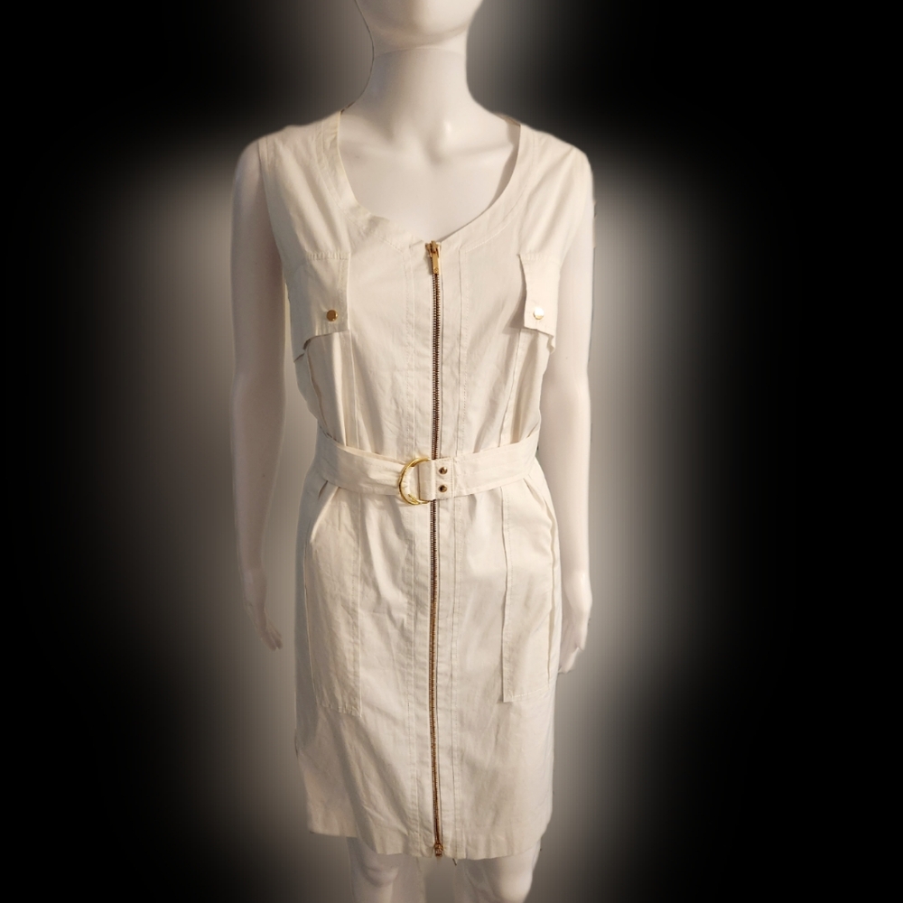 TORY BURCH white zipper front safari dress. Gold hardware size 14